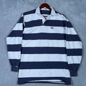 Perlis Rugby Shirt Mens L (Fits S) Blue White Stripe Long Sleeve Cotton Made USA